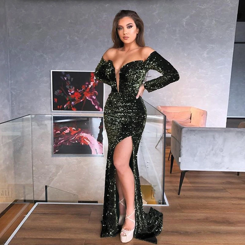 

2020 Fancy Blackish Green Off the Shoulder Long Sleeve Side Split Sequin Mermaid Sweep Train Prom Dresses Party Dress