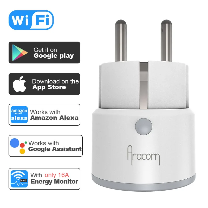 Aracron WiFi inteligente del zócalo de la UE 10A/16A Monitor de potencia función de temporización enchufe inteligente Tuya Control DE APP funciona con asistente de Google Alexa
