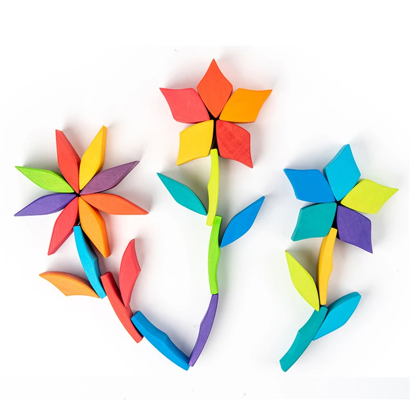 US $171.54 Large Flower Wooden Rainbow Wood Blocks Colored Geometry Block Nordic Style Wood Toys Kids Creative Montessori Educational Toys