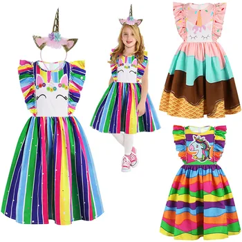 

Lotus leaf flying sleeve Colorful Girl Princess Unicorn Dress Gorgeous Birthday party Kids Halloween Unicorn Cosplay Costume