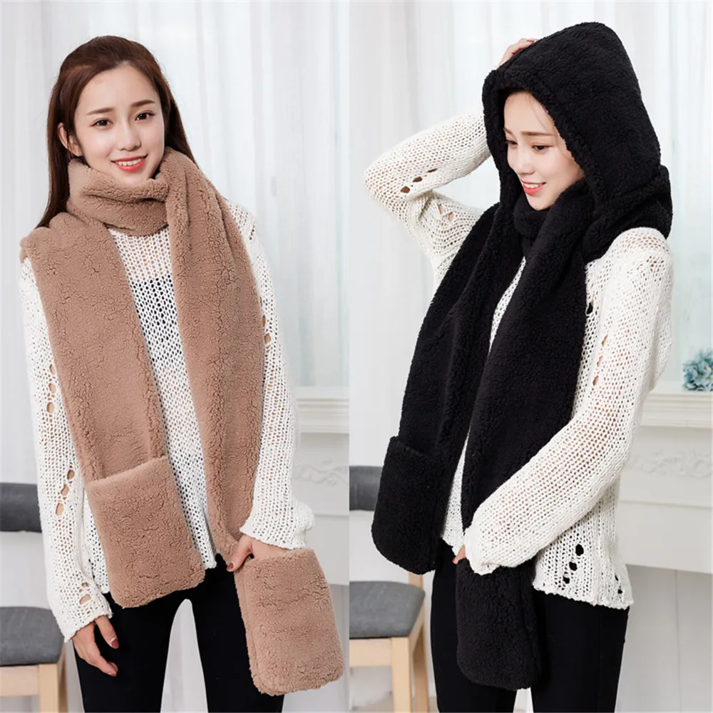 3 в 1 Зимние флисовые меховая шапка Для женщин и девочек милый теплый капюшон шапки, шарфы снуд карман перчатки, без каблука, мягкие женские Шапки перчатки шарф набор