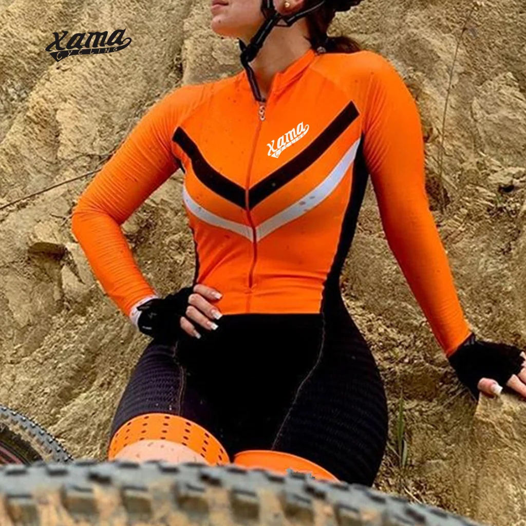 

XAMA CYCLING Long Sleeve Jumpsuit Roupas Femininas Com Frete Gratis Women's Professional Team Bike Skinsuit Sportswear Dress Kit