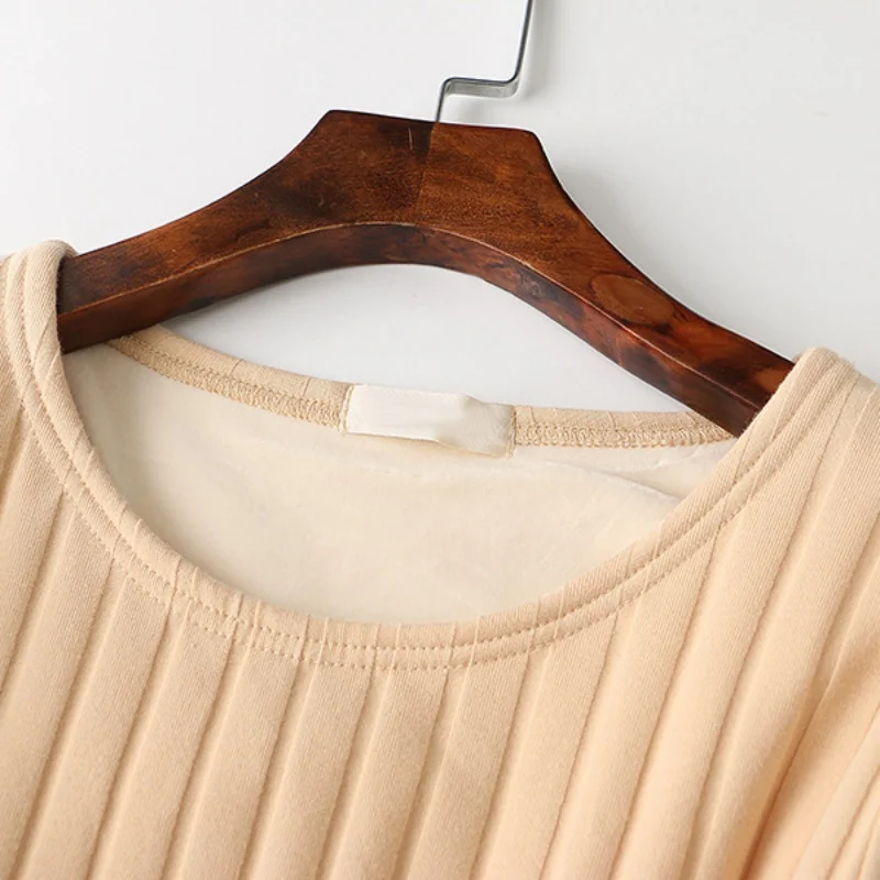Sexy Slim Solid Underwear Women Winter Velvet Thermal Shirt Female Elegant O-Neck Thick Warm Striped Tops Inner Wear Basic JWHY