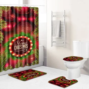 

Christmas Shower Curtain Mat Combination Four-Piece Set Bathroom Toilet Carpet Shower Room Mat Mat Cross-Border Hair