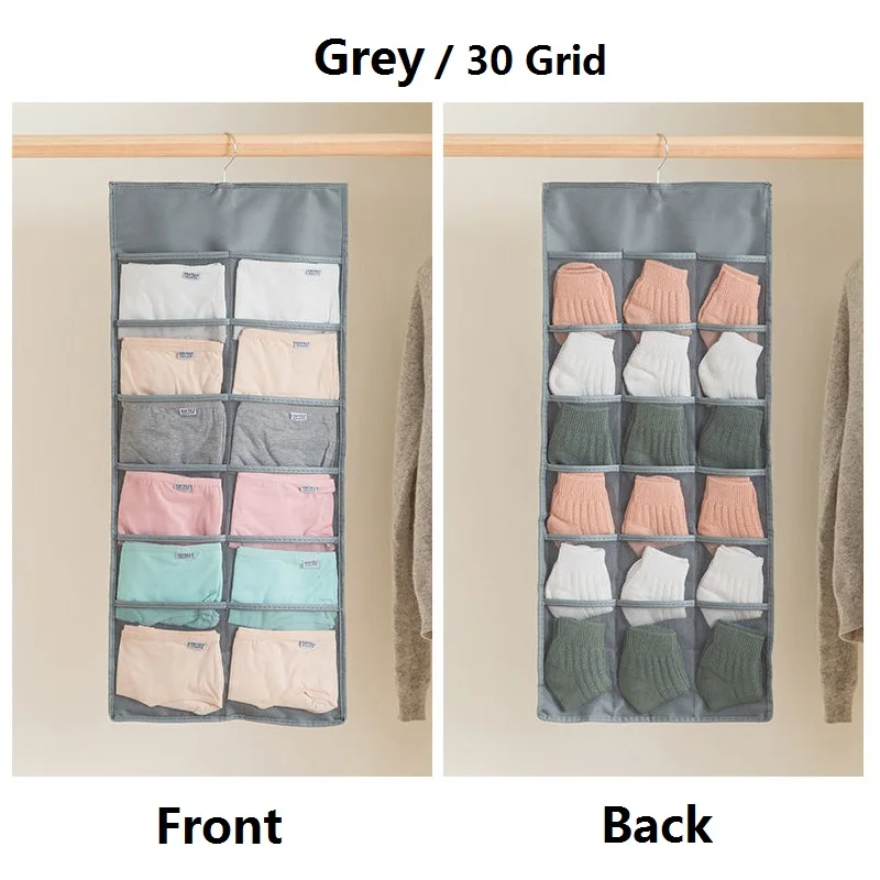Grey 30 grid 1Piece 1 шт. висячая сумка Носки Бюстгальтер органайзер для хранения нижнего белья складная двухсторонняя сумка для хранения вешалка для шкафа для Одежды Органайзер - Цвет: Grey 30 grid 1Piece