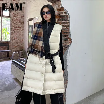 

[EAM] Women Loose Fit Plaid Tassels Cotton-padded Big Size Vest New V-collar Sleeveless Fashion Autumn Winter 2020 1DD0686