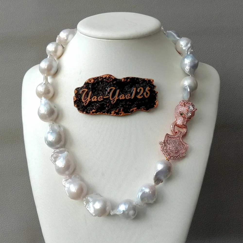 

White Nucleated Flameball Baroque Pearl Necklace CZ leopard head clasp 18''