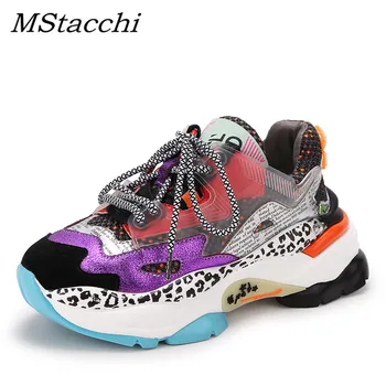 

MStacchi 2019 Chic Comfortable Lace-Up Casual Shoes Woman Platform PVC Splice Leather Sneakers Mujer Height Increasing 6CM Shoes