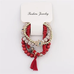 Vintage Bohemian Charm Bracelet Set with Natural Stone Beads and Tassel Pendants - 4 Pieces (Style  D)