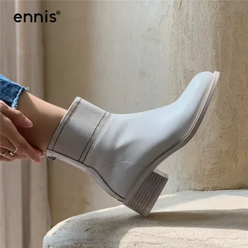 

ENNIS Women's Ankle Boots Square Heel Genuine Leather Autumn Boots Winter Round Toe Zip Booties Designer Beige Black Shoes A0231