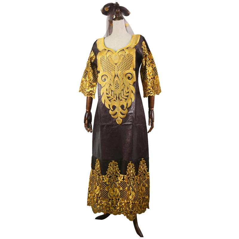H& D Африканское женское кружевное платье размера плюс Базен платья с повязкой на голову длинный халат африканская Дамская одежда с вышивкой - Цвет: Коричневый