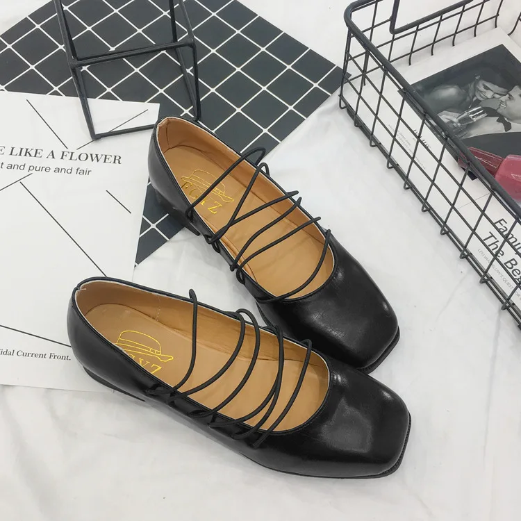 

England Retro 2017 Spring And Autumn Low-Cut Square Head Flat Small Leather Shoes College Style Loafers Women's Peas Single