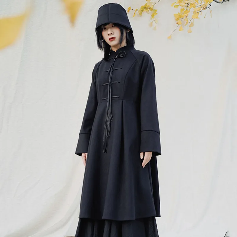 

LANMREM Solid Color Single Breasted Stand Collar Mid-length Loolen Coat Women Vintage Loose Lace-up Coat 2020 New Spring PD197