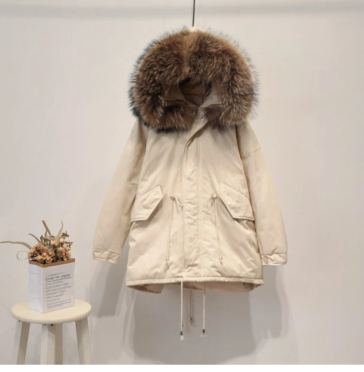 CRRIFLZ куртка на белом утином пуху, Короткая свободная куртка с большим меховым воротником, пальто с капюшоном, зимняя куртка, женская теплая утепленная парка с натуральным мехом