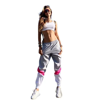 

Fashion Streetwear High Waist Pants Women Reflective Color Block Sweatpants Joggers Fall Winter Trousers 2019