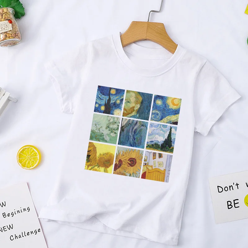 New Clothing Girls T Shirt Fashion Kids Top Casual Childrens Boys T Shirts Van Gogh Oil Painting Funny Blowing Bubbles Kawaii