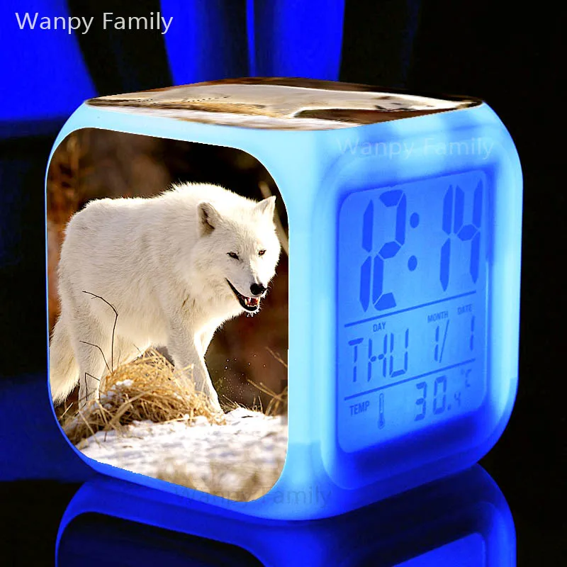 [Wanpy family] Будильник Arctic Wolf для детской комнаты, прикроватной тумбочки для спальни, настольные часы, меняющие цвет, цифровой будильник
