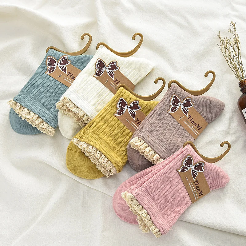 MS Girls fashion lace ruffled soft cotton women's socks quality spring and summer cute socks breathable solid color pile socks