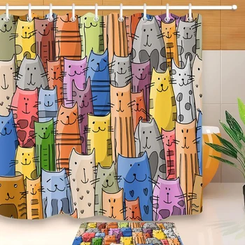 

Colorful Cat Printed Bath Waterproof Curtain 3D Polyester Fabric Shower Curtain With 12 Hooks For Mildewproof Bathroom Decor