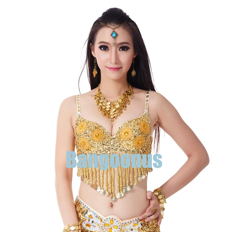 

New Belly Dance Bras Handmade Sequins Tassel Beads Club Padded Tank Top Belly Dancing Six Flowers Bra Beautiful Back Underwear