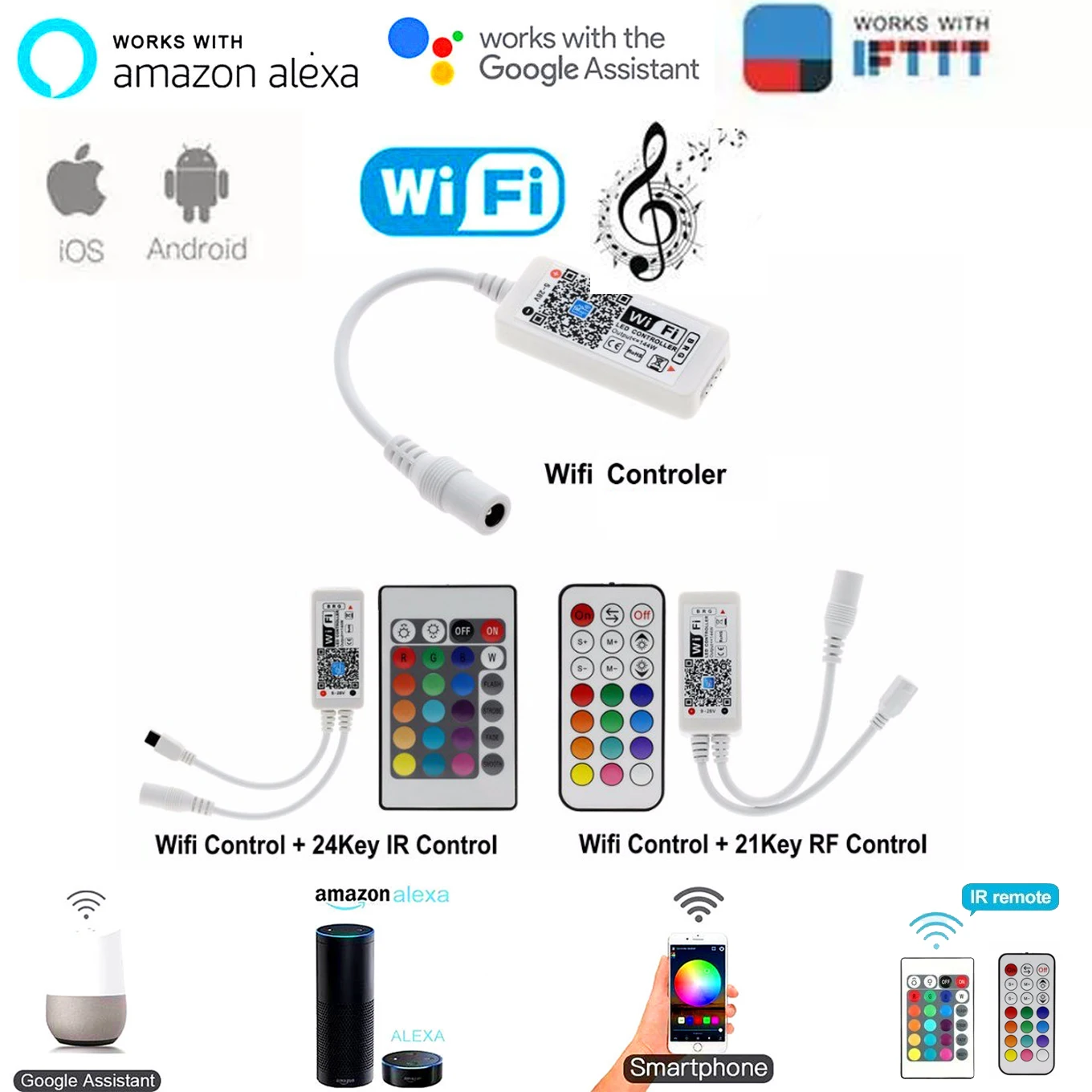 Magic Home Bluetooth Wifi RGB RGBW LED Strip Controller Smartphone APP Control RF / IR Remote Alexa Google Voice Control DC12V