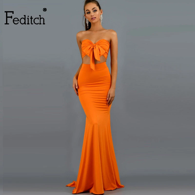 

Feditch 2019 Autumn Sexy Satin 2 Piecs Set Women Bodycon Backless Off Shoulder Bow Crop Top Two Pieces Set Maxi Mermaid Dress