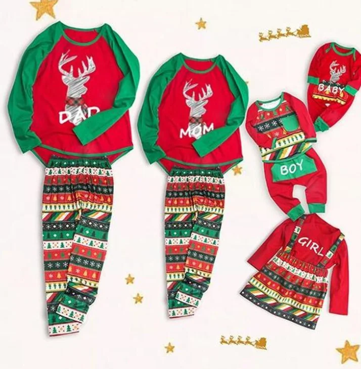 Christmas Family Pack New Year Prints Elk Home Service Pajamas Set Spring and Autumn Cotton Round Neck Long Sleeve Casual | Мать и