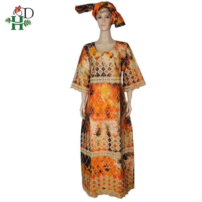 H& D Африканский принт Дашики платья вышивка длинное платье африканская одежда традиционные макси платья Южная Африка леди платье головной убор - Цвет: Оранжевый