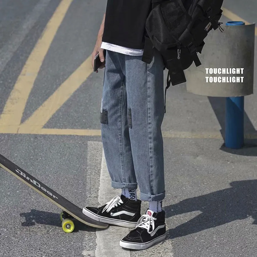 

Новые свободные прямые джинсы в стиле пэчворк для скейтборда, мужские универсальные оригинальные джинсы в Корейском стиле suzerain wid 2021