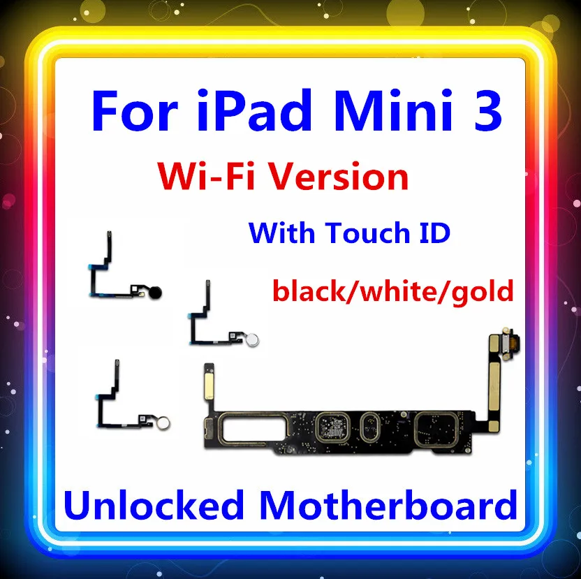 for iPad mini 3 Motherboard with touch id WIFI VERSION unlocked for iPAD mini 3 Logic board black/white/gold fee 16gb/64gb/128gb