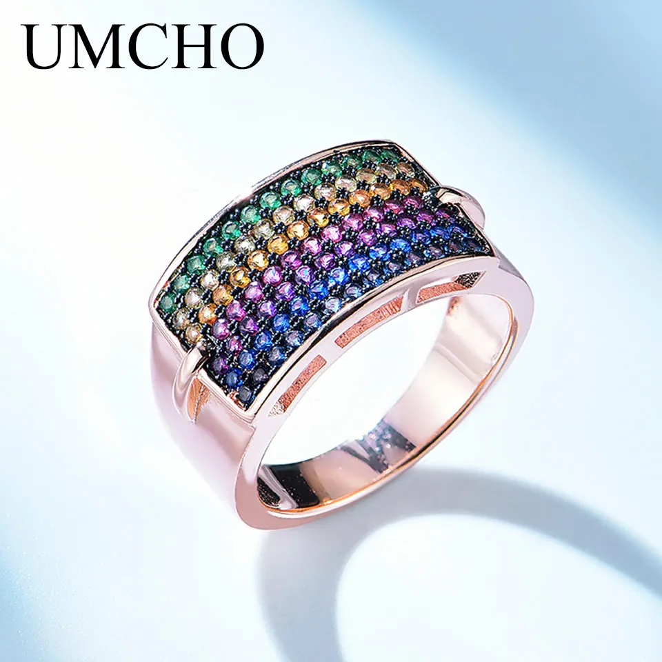 

Женские кольца UMCHO из стерлингового серебра 925 пробы с разноцветными радужными драгоценными камнями, обручальные кольца, ювелирные украшения