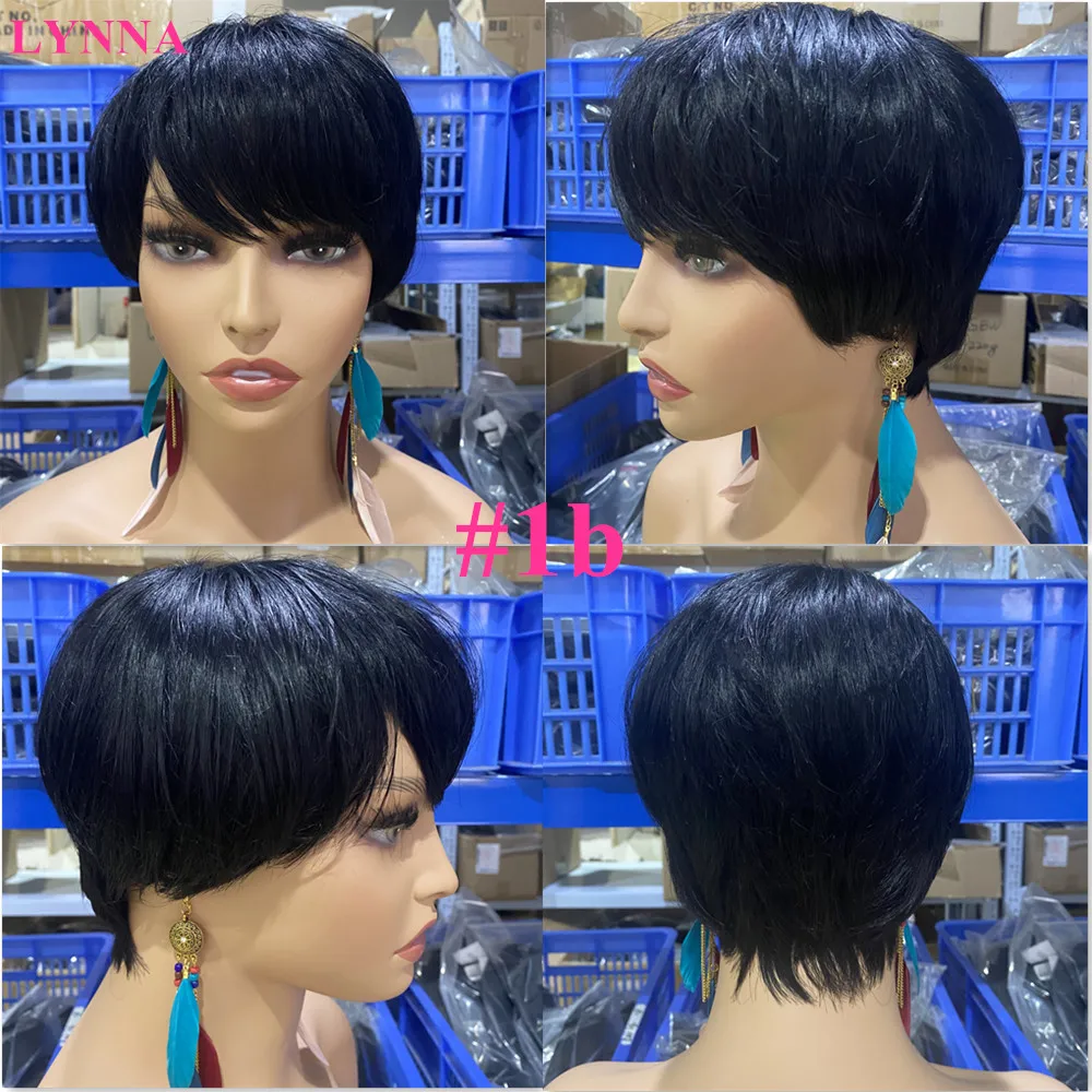 Perucas de Cabelo Brasileiro para Preto Humano Curto Pixie Corte Reto Remy Cabelo Máquina Feita Destaque Cor Barato Glueless Peruca 99 Apliques e perucas