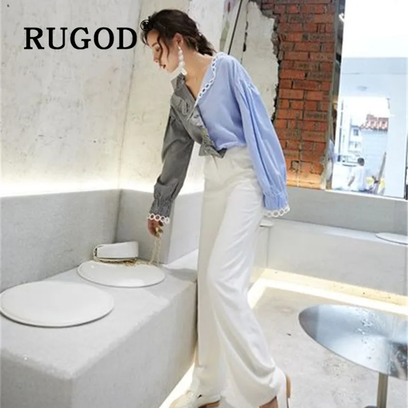 RUGOD осень зима стиль Шикарный винтажный Waveselvedge полосатая прошитая блузка с v-образным вырезом свободные зимние топы для женщин Мода