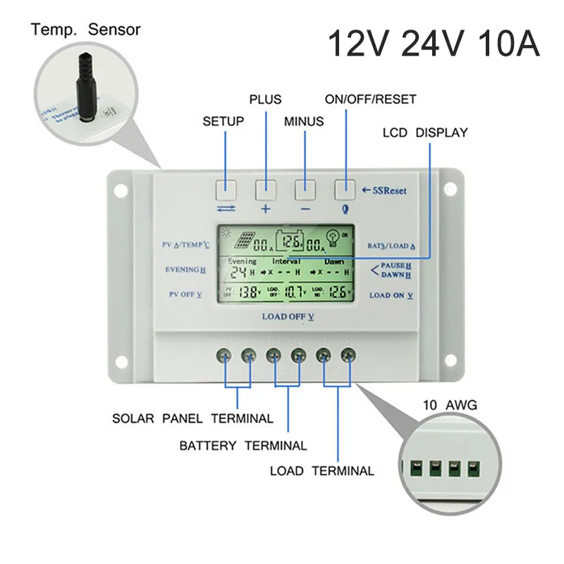 10A 12V/24V LCD Display Solar Controller PWM Solar Panel Automatic Regulator Automatic Identification of Lead-Acid Battery - Цвет: 12V 24V 10A