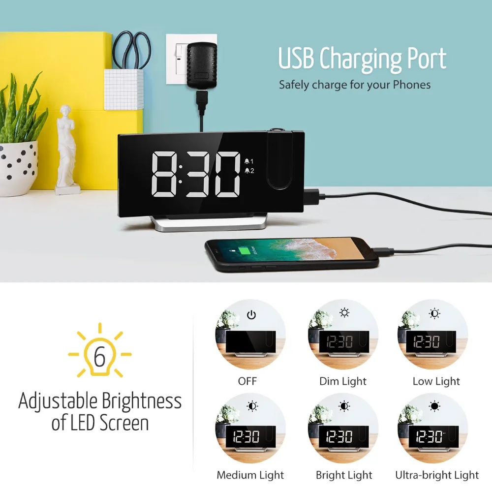 MPOW FM Projection LED Alarm Clock with 5-inch LED Curved Screen Adjustable Brightness Sleep Timer Christmas Gift Alarm Sounds (5)