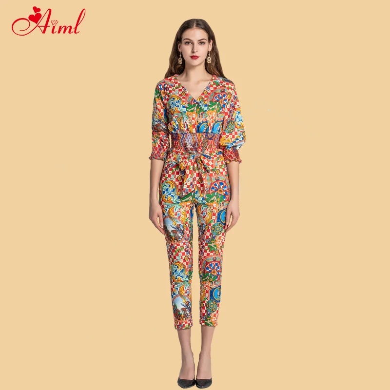 Designer Fashion Suit 2020 Spring Summer New V-neck Elastic Half Sleeve Top + Plaid Pants Bandage Printed Bohemia Set |