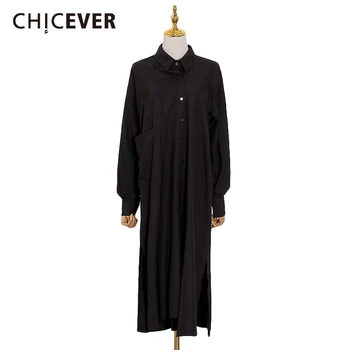 

CHICEVER Dress Women Lapel Collar Long Sleeve Oversize Loose Casual Black Ruched Midi Dresses Female Fashion 2020 Spring Clothes