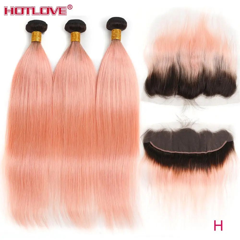 

Dark Roots Rose Gold Ombre Lace Frontal With Hair Bundles 1B Pink Ombre Straight Hair Weave 3 Bundles With Lace Frontal Remy