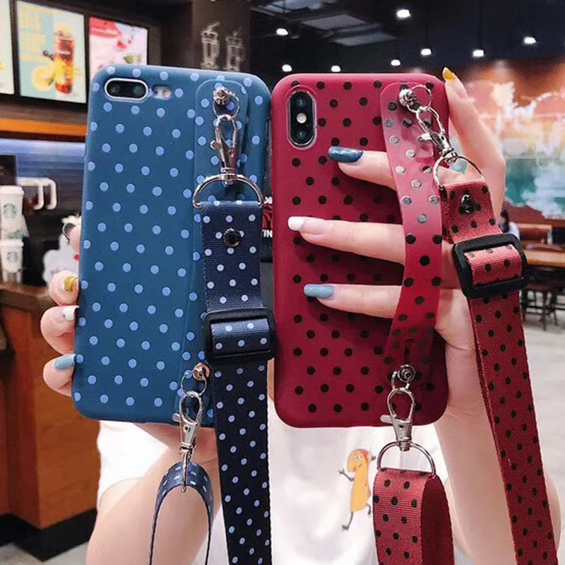 

Soft TPU Wave Point Cell Phone Case With Lanyard Necklace Shoulder Rope Wrist Strap Cover For iphone 6 7 8 6S Plus X Xr Xs Max