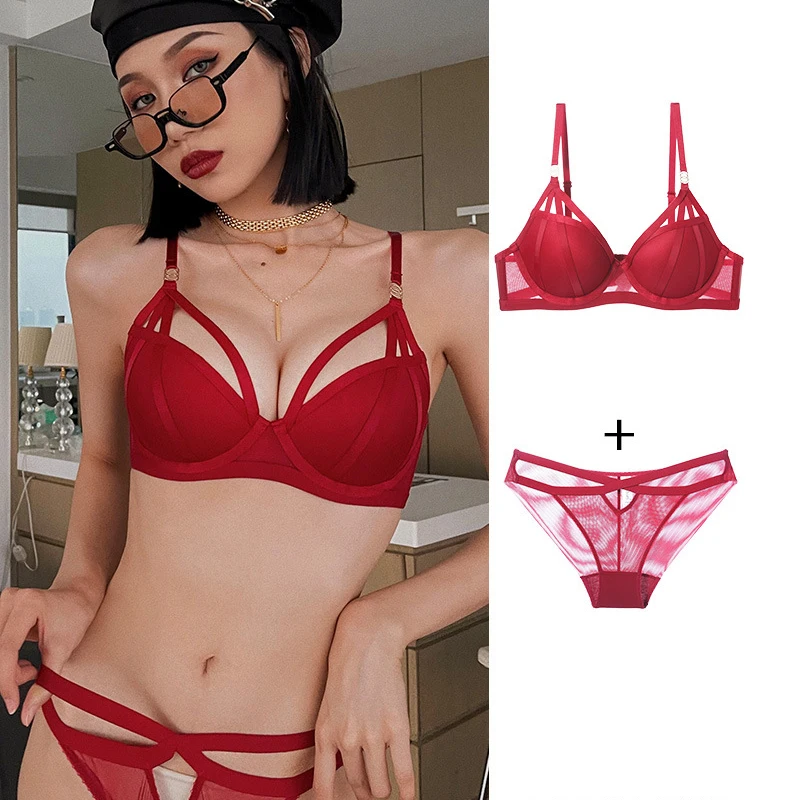 Cheap Europe Women Underwear Sexy Lace Push Up Bra Set Classic Bandage  Brassiere Mesh Panties Detachable Strap Comfort Lingerie Sets