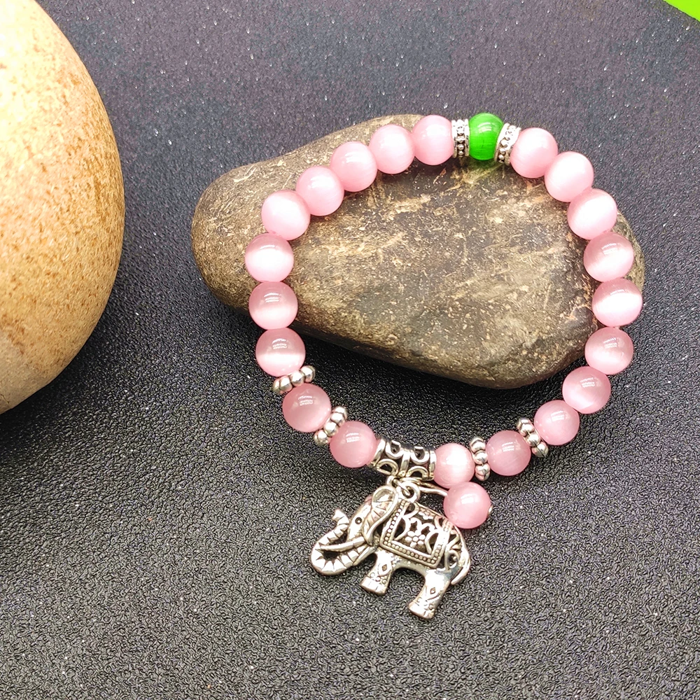 Зеленый розовый женские браслеты и Древний серебряный слон с кошачьим глазом