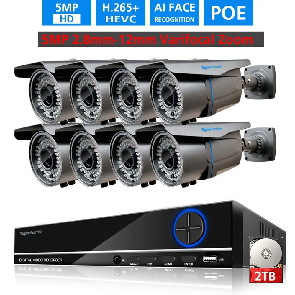 Камера видеонаблюдения TOPROHOMIE H.265 8 каналов AI 5 МП POE NVR 2 12 мм моторизованный зум IP