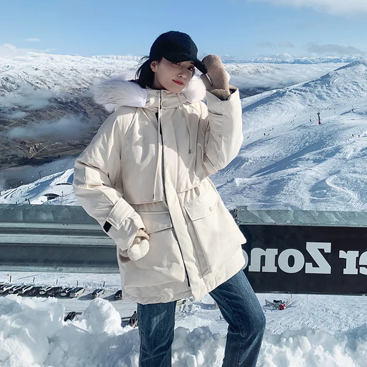 

Photo Shoot Winter New Style South Korea Dongdaemun Mid-length Velcro Workwear Hooded Large Fur Collar down Jacket Cotton-padded