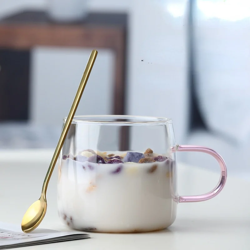 

480 мл современное минималистичное стекло с цветной ручкой прозрачная стеклянная кружка для молока с ложкой чашка для завтрака домашние чашки для сока