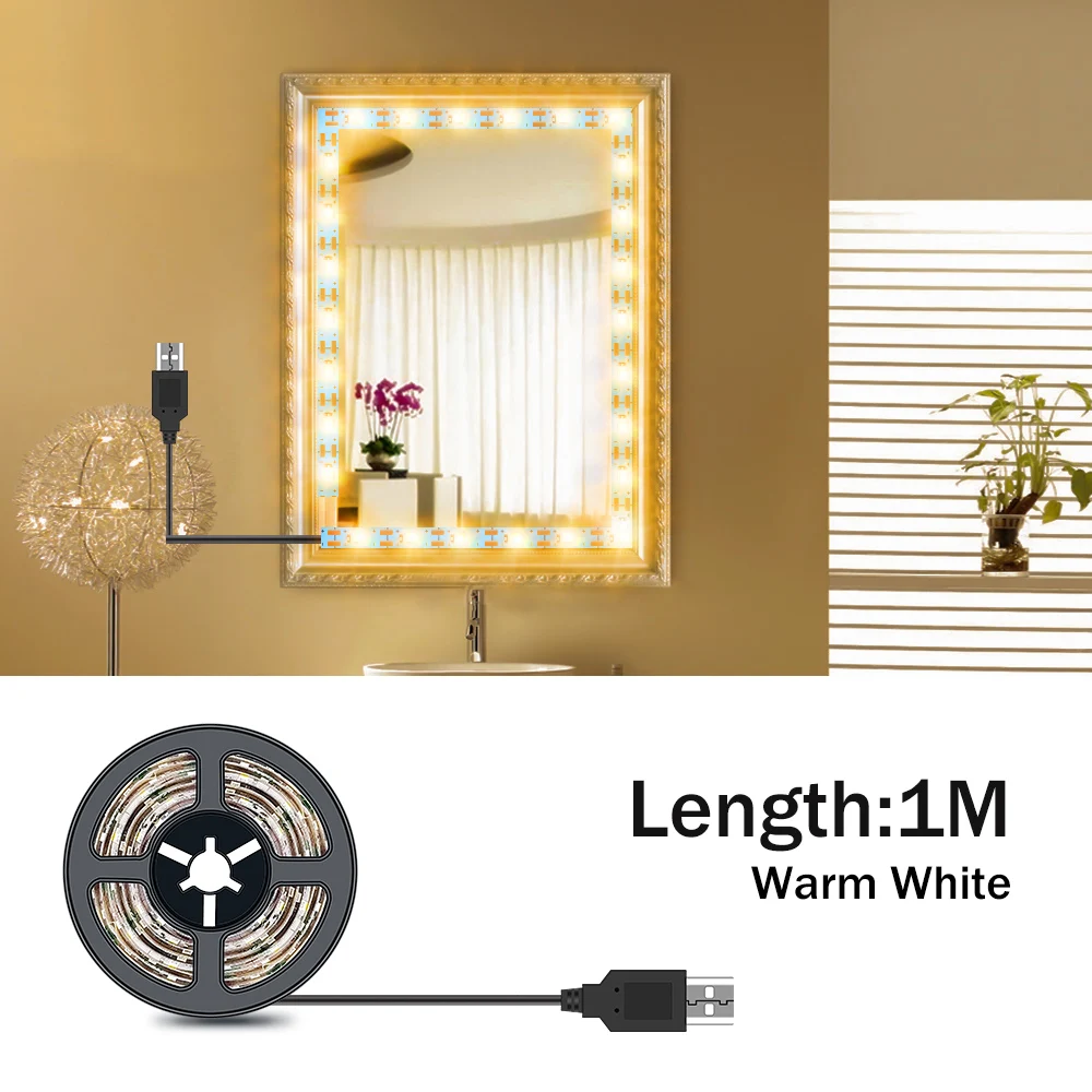 1M Warm White 5M Tocador con espejo светильник для макияжа, зеркальный светильник, USB, 5 В, туалетный столик, лампа для ванной комнаты, светодиодная лампа для туалетного зеркала, косметический светильник в полоску - Испускаемый цвет: 1M Warm White