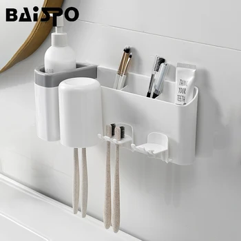 

BAISPO Bathroom Accessories Organizer Holder Punch-free Self-adhesive Type Toothbrush And Wash Cup Integrated Storage Rack