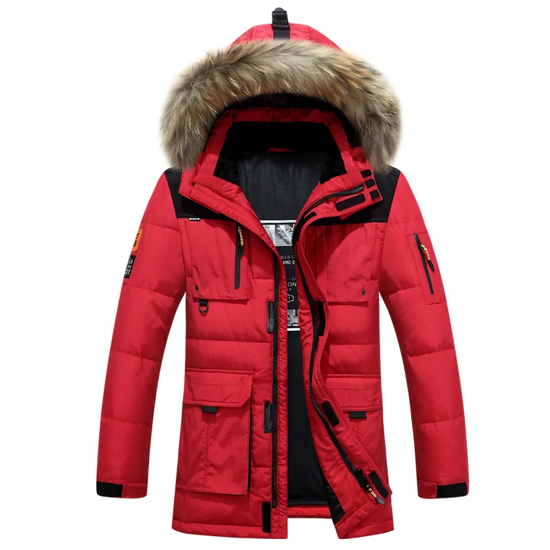 40 градусов морозостойкий Россия зимняя мужская куртка наивысшего качества натуральный меховой воротник толстый теплый белый утиный пух мужское зимнее пальто - Цвет: Red