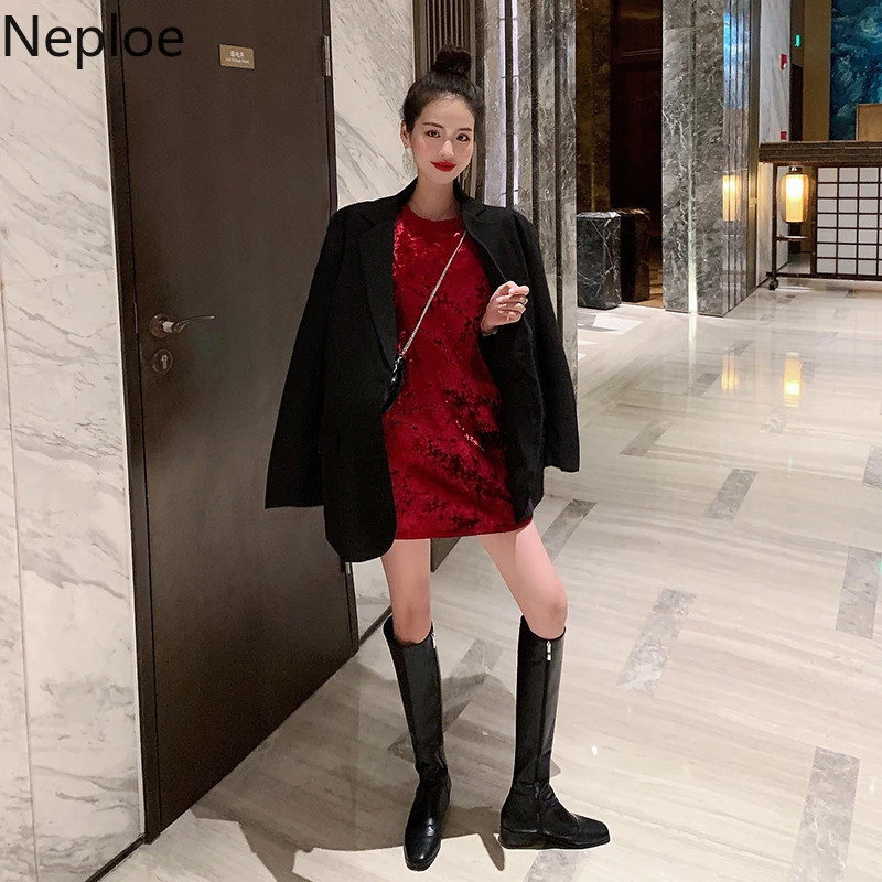 Neploe Ретро красное бархатное платье с высокой талией круглым вырезом пышным