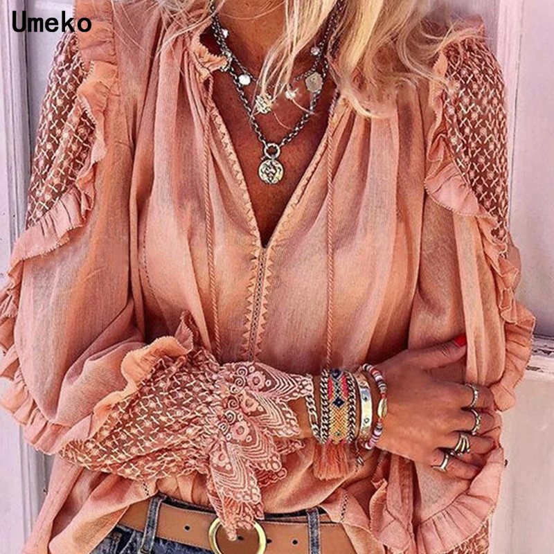

Umeko 2020 Summer Women Shirt Blouse V-neck Lace Hollow Out Top 5XL Embroidery Long Sleeve Casual Fashion Patchwork Shirts New