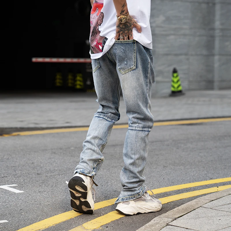 Zip Robek Tertekan Jeans Denim Kabut 